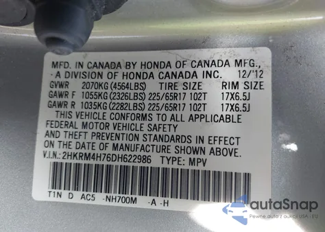 2013 Honda Cr-V Ex-L from USA, damaged, VIN 2HKRM4H76DH622986
